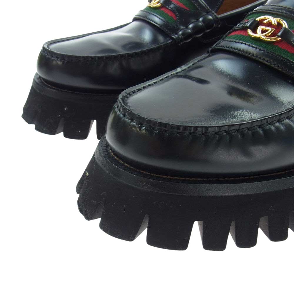 GUCCI グッチ 669819 GG ダブルG シェリーライン ラバーソール レザー ローファー シューズ ブラック系 8【中古】
