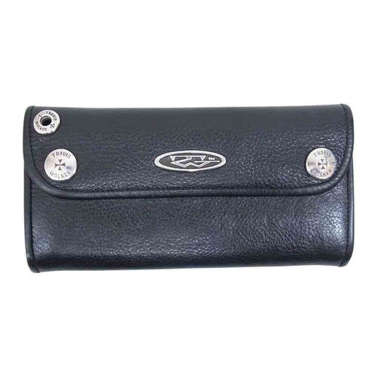 TRAVIS WALKER トラヴィスワーカー TWプレート付き クロスコンチョボタン フラップ ロングウォレット 長財布 ブラック系【中古】