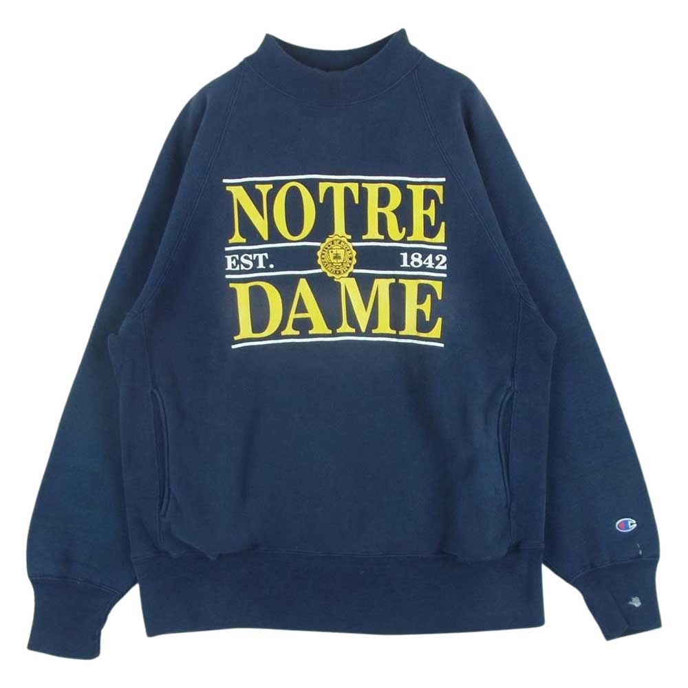 Champion チャンピオン 90s ヴィンテージ 刺繍タグ NOTREDAME ハイネック ポケット付き リバースウィーブ スウェット トレーナー ネイビー系 L【中古】