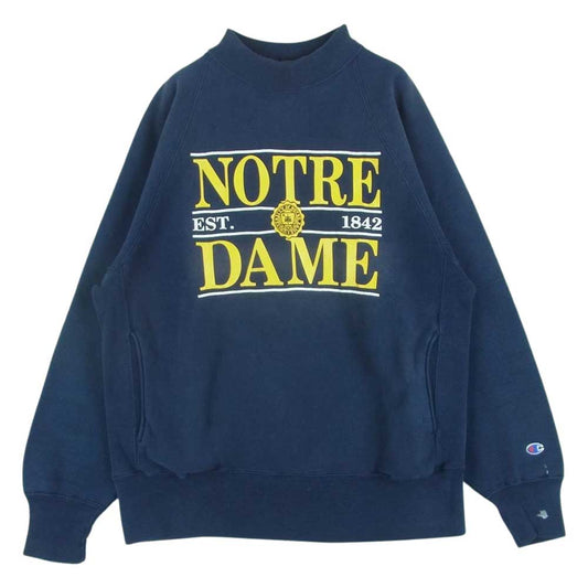 Champion チャンピオン 90s ヴィンテージ 刺繍タグ NOTREDAME ハイネック ポケット付き リバースウィーブ スウェット トレーナー ネイビー系 L【中古】