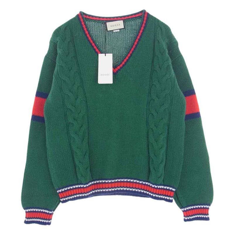 GUCCI グッチ 20SS 599310 XKA32 WOOL V NECK KNIT SWEATER ウール Vネック ケーブル ニット セーター グリーン系 L【美品】【中古】