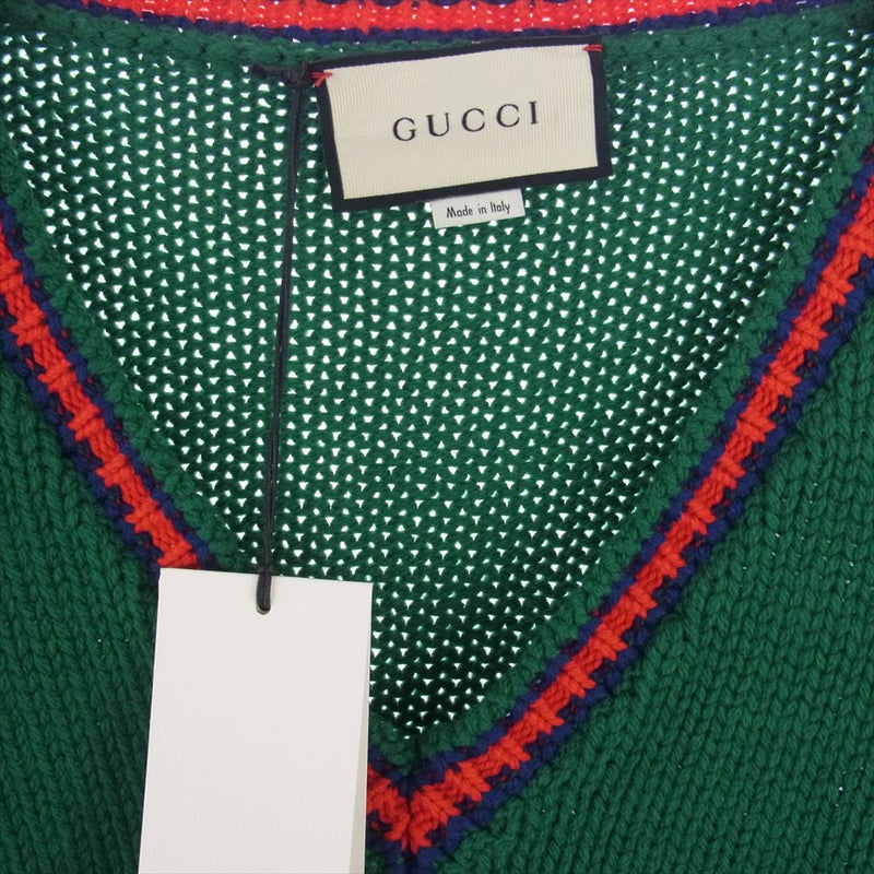 GUCCI グッチ 20SS 599310 XKA32 WOOL V NECK KNIT SWEATER ウール Vネック ケーブル ニット セーター グリーン系 L【美品】【中古】