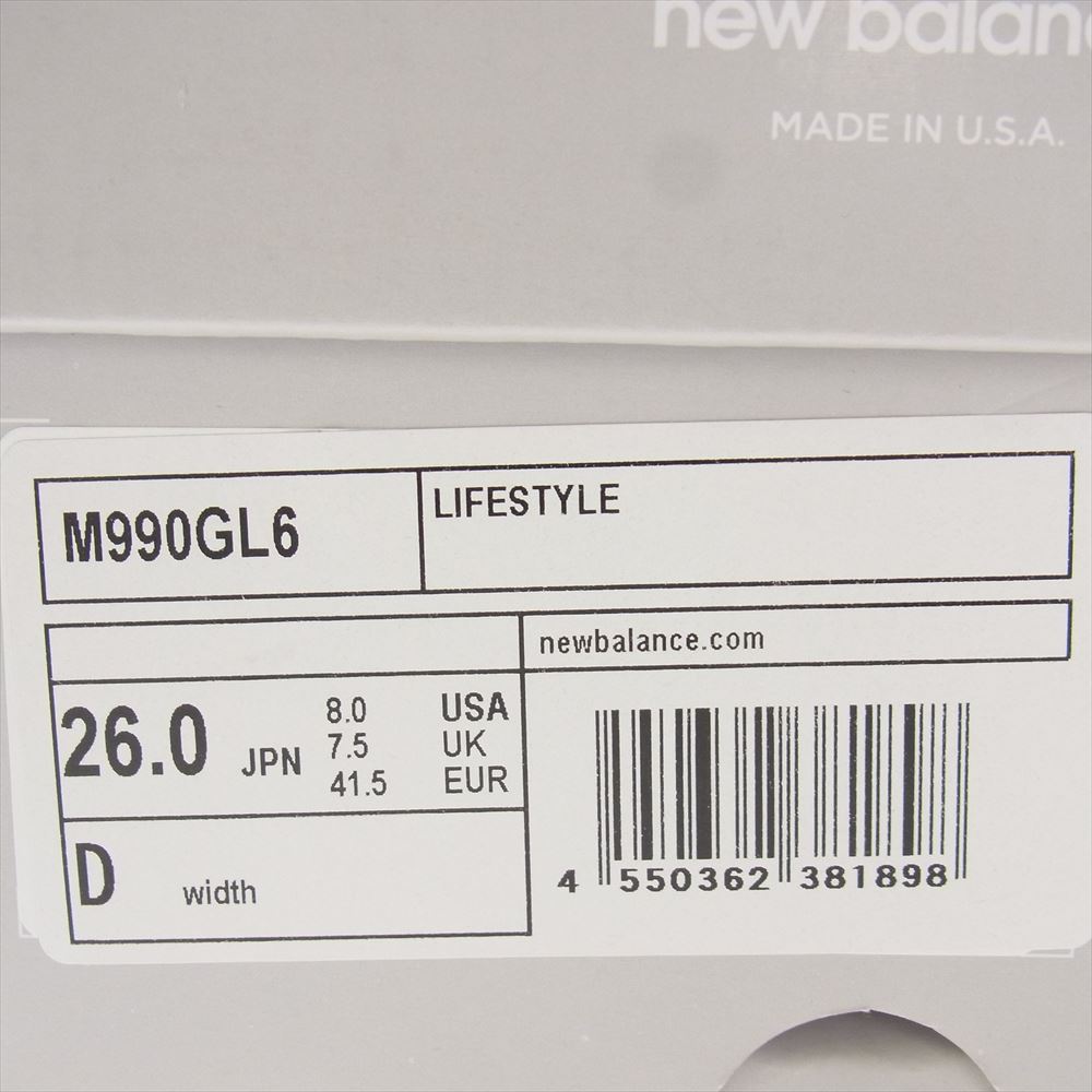 NEW BALANCE ニューバランス M990V6GL6 ローカット スニーカー グレー系 26cm【新古品】【未使用】【中古】