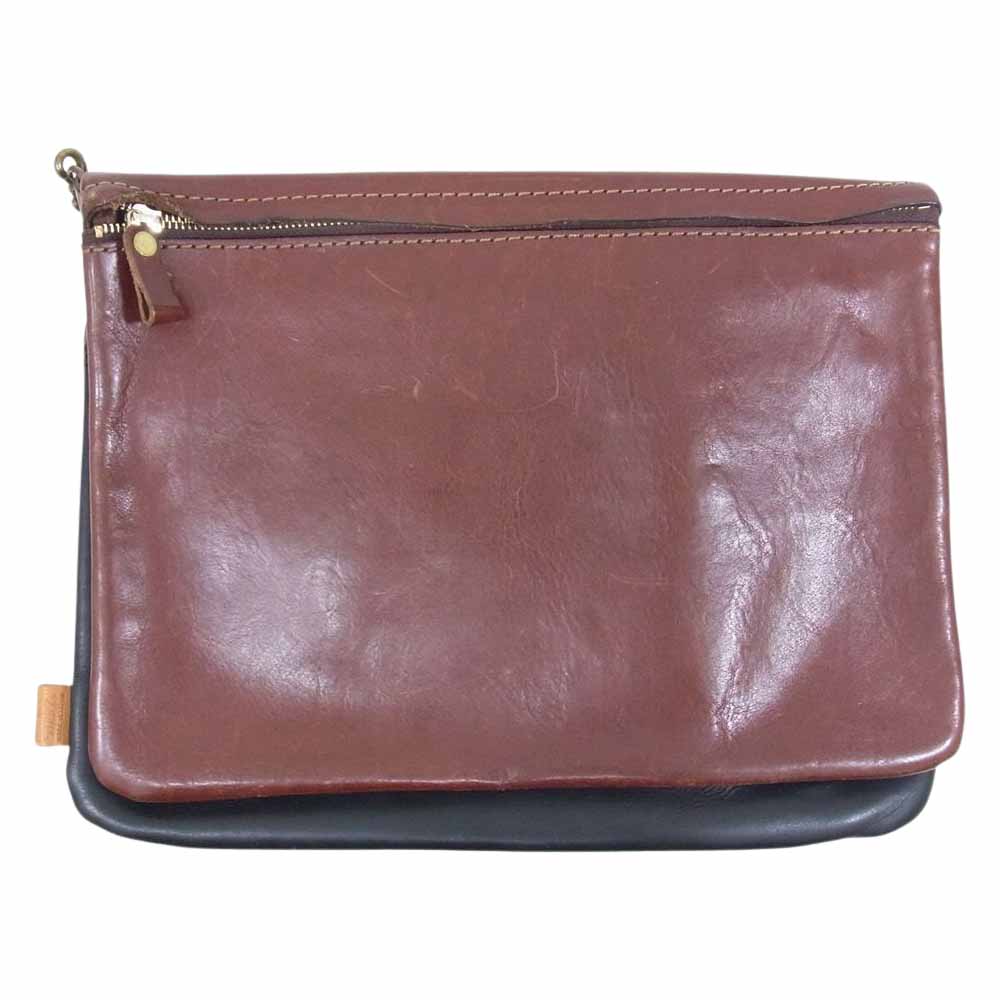 HERZ ヘルツ リバーシブル ワイド タイプ レザー ショルダー バッグ ブラウン系【中古】
