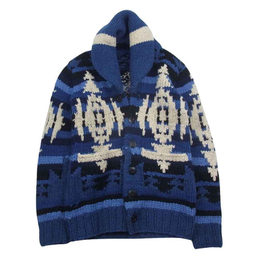 1piu1uguale3 ウノピュウノウグァーレトレ SHAWL CARDIGAN BIG CAMO カモ柄 ショールカラー ニット カーディガン ブルー系 ネイビー系 M【中古】