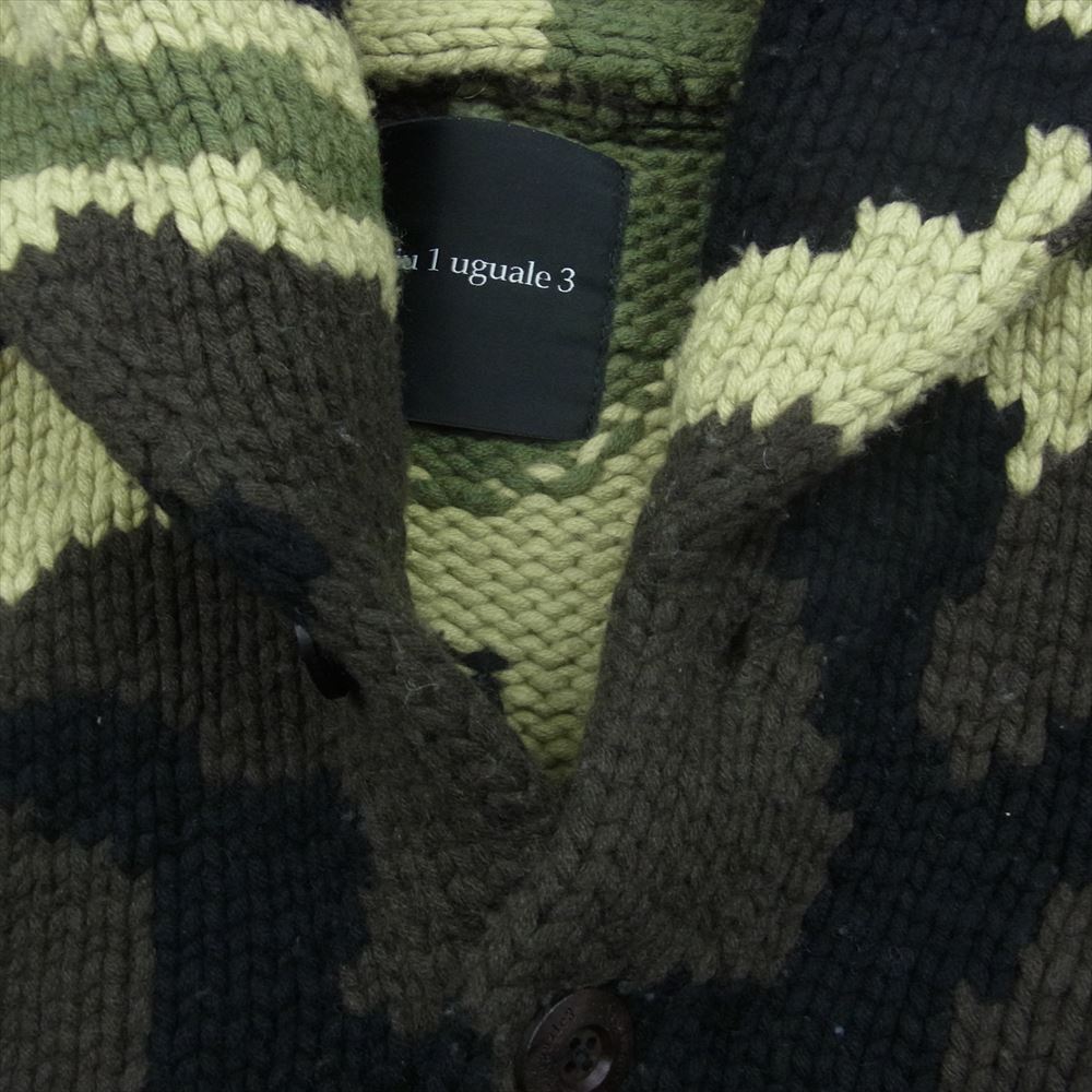 1piu1uguale3 ウノピュウノウグァーレトレ MRK004 SHAWL CARDIGAN BIG CAMO カモ柄 ショールカラー ニット カーディガン グリーン系 カーキ系 4【中古】