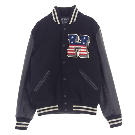 HYSTERIC GLAMOUR ヒステリックグラマー 21AW VIXEN GIRL刺繍 ヴァーシティ ジャケット ヴィクセンガール 袖シープレザー スタジャン ブラック系 L【中古】