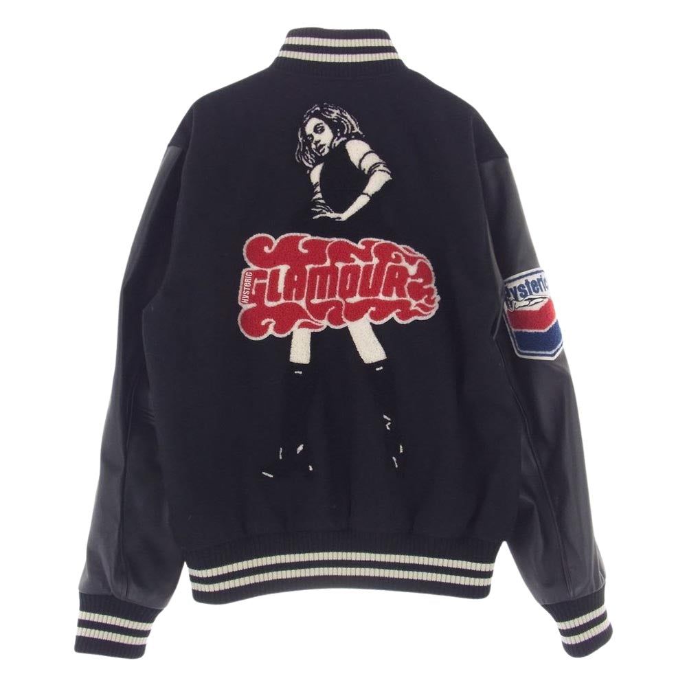 HYSTERIC GLAMOUR ヒステリックグラマー 21AW VIXEN GIRL刺繍 ヴァーシティ ジャケット ヴィクセンガール 袖シープレザー スタジャン ブラック系 L【中古】