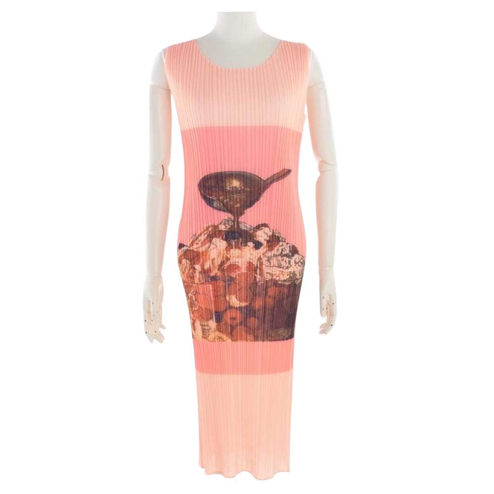 PLEATS PLEASE プリーツプリーズ イッセイミヤケ PP06-JH520 00s 2000 Vintage プリーツ加工 パフェ デザート プリント ノースリーブ ロング ワンピース  ピンク系 表記サイズ無【中古】