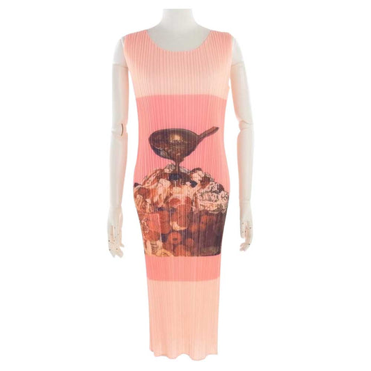 PLEATS PLEASE プリーツプリーズ イッセイミヤケ PP06-JH520 00s 2000 Vintage プリーツ加工 パフェ デザート プリント ノースリーブ ロング ワンピース  ピンク系 表記サイズ無【中古】