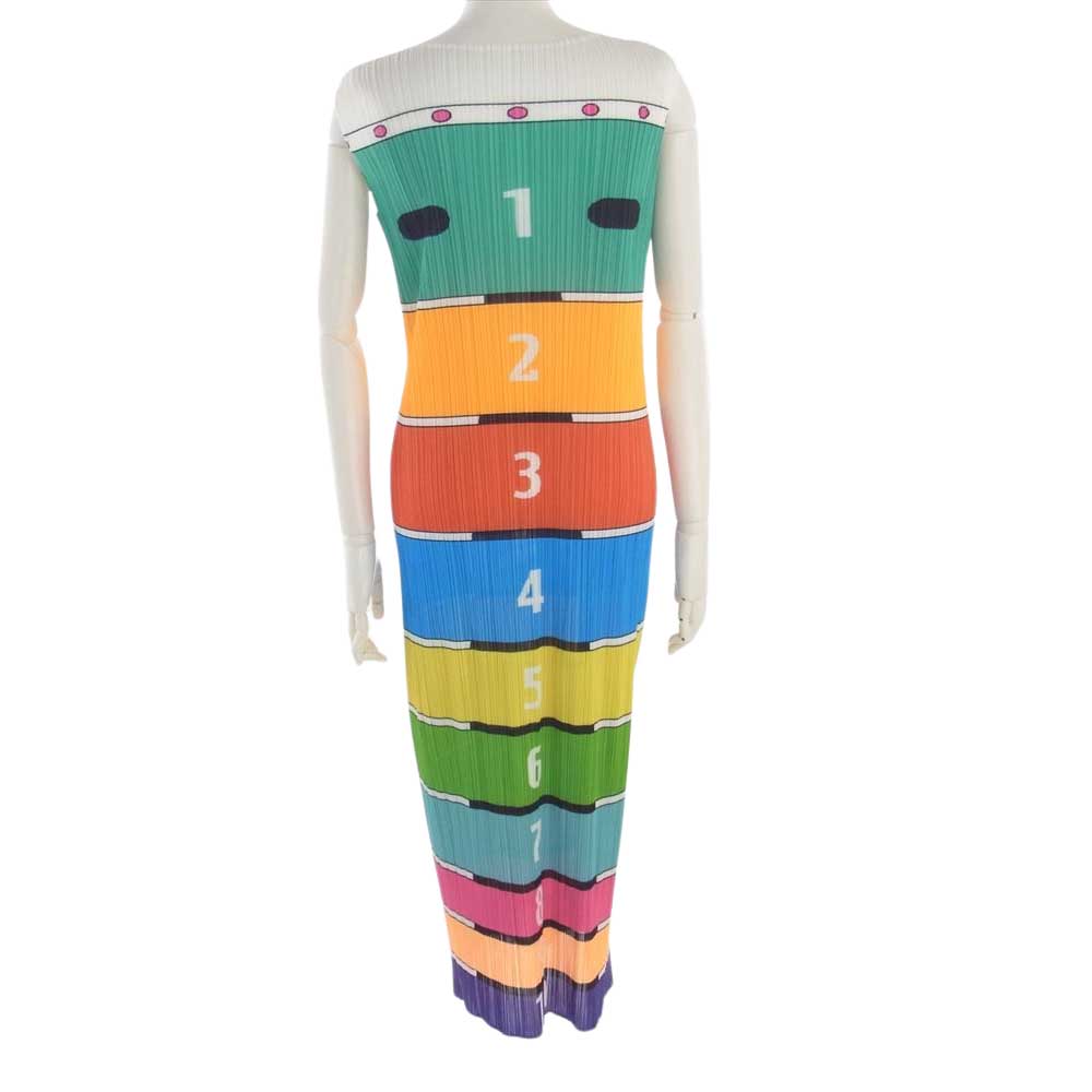 PLEATS PLEASE プリーツプリーズ イッセイミヤケ PP81-JH767 プリーツ加工 跳び箱 10段 総柄 マルチカラー ノースリーブ ロング ワンピース マルチカラー系 表記サイズ無【美品】【中古】