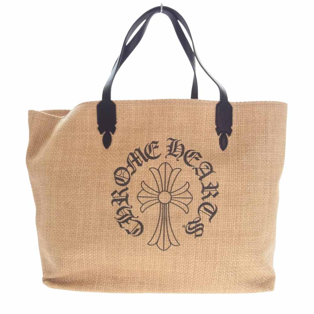 CHROME HEARTS クロムハーツ（原本無） LARGE BAG BEACHES CHクロスプリント スクロールラベル レザーハンドル ラフィア ビーチ ストロー トートバッグ ブラウン系 ブラック系【極上美品】【中古】