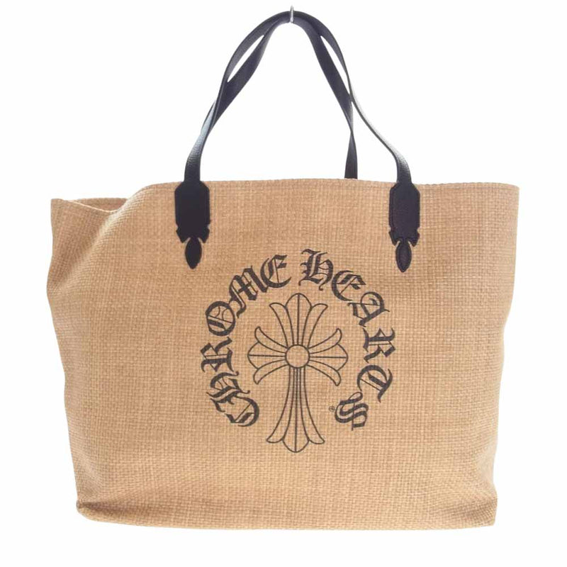 CHROME HEARTS クロムハーツ（原本無） LARGE BAG BEACHES CHクロスプリント スクロールラベル レザーハンドル ラフィア ビーチ ストロー トートバッグ ブラウン系 ブラック系【極上美品】【中古】