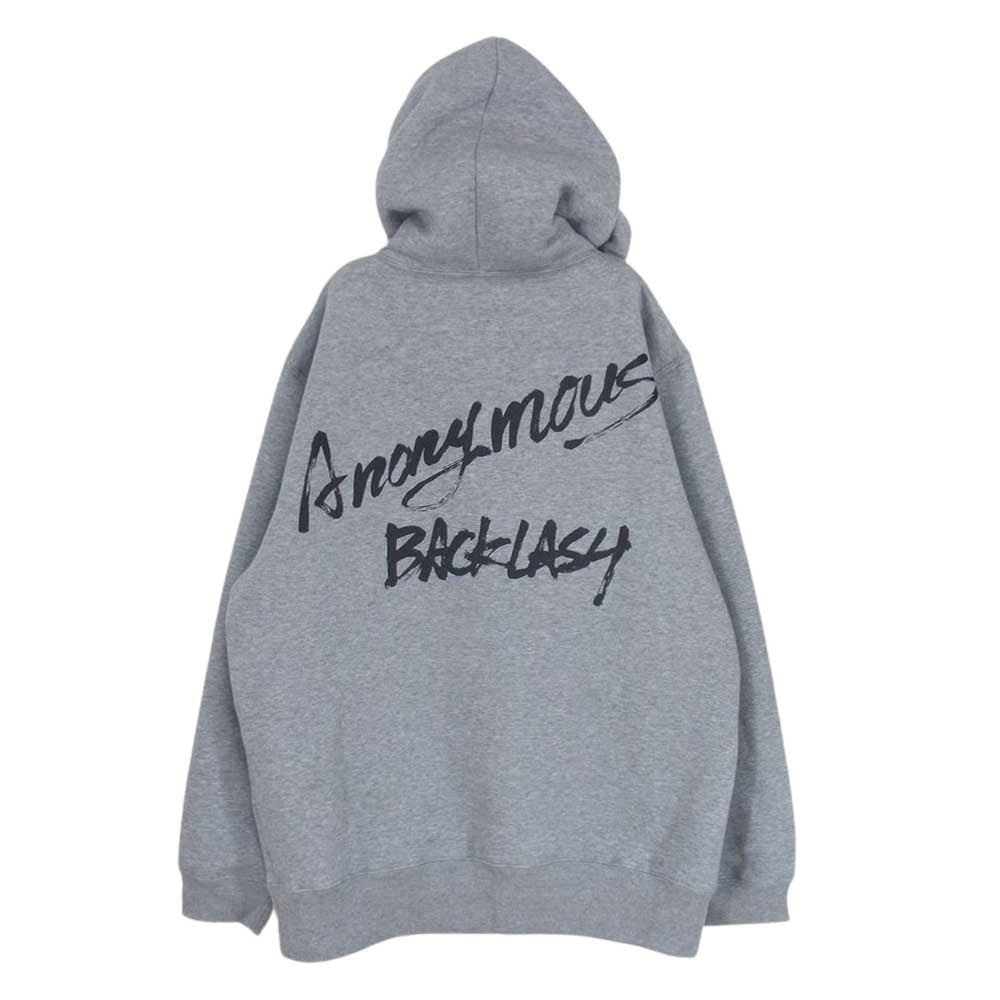 ISAMUKATAYAMA BACKLASH イサムカタヤマバックラッシュ ANONYMOUS アノニマス別注 ロゴプリント プルオーバー フーディ パーカー グレー系 L【美品】【中古】