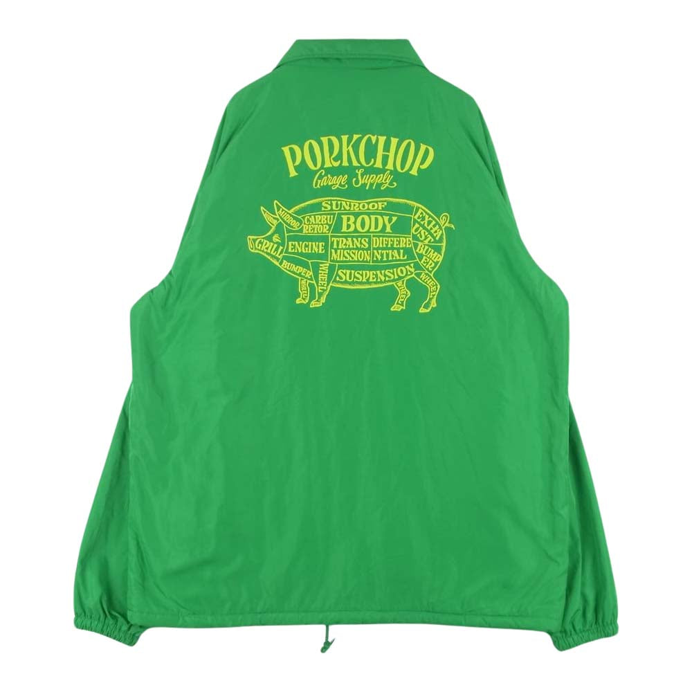 ポークチョップガレージサプライ 裏フリース バックロゴ プリント ワッペン付き コーチ ジャケット グリーン系 XL【中古】