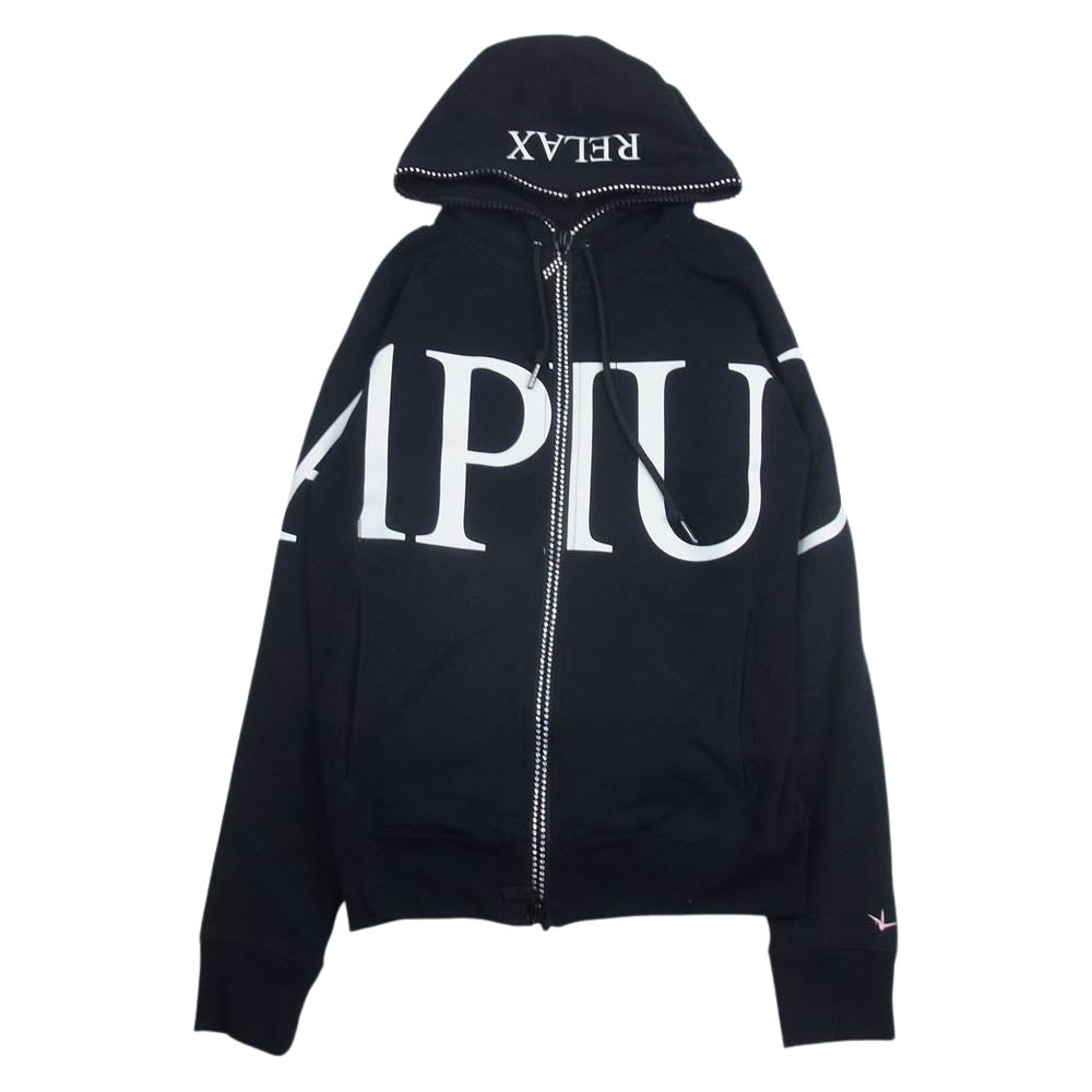 1piu1uguale3 ウノピュウノウグァーレトレ RELAX リラックス ビッグロゴ ラインストーン フルジップ パーカー フーディ ブラック系 M【中古】