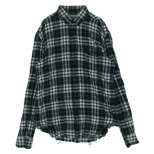 SAINT LAURENT サンローラン 411620 Y018P Raw Hem Flannel Shirt ローヘム フランネル チェック シワ加工 カットオフ シャツ 長袖 ブラック系 グレー系 ホワイト系 38 15【中古】