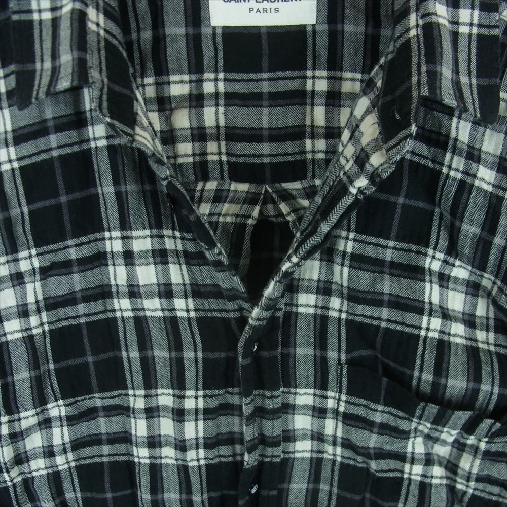 SAINT LAURENT サンローラン 411620 Y018P Raw Hem Flannel Shirt ローヘム フランネル チェック シワ加工 カットオフ シャツ 長袖 ブラック系 グレー系 ホワイト系 38 15【中古】