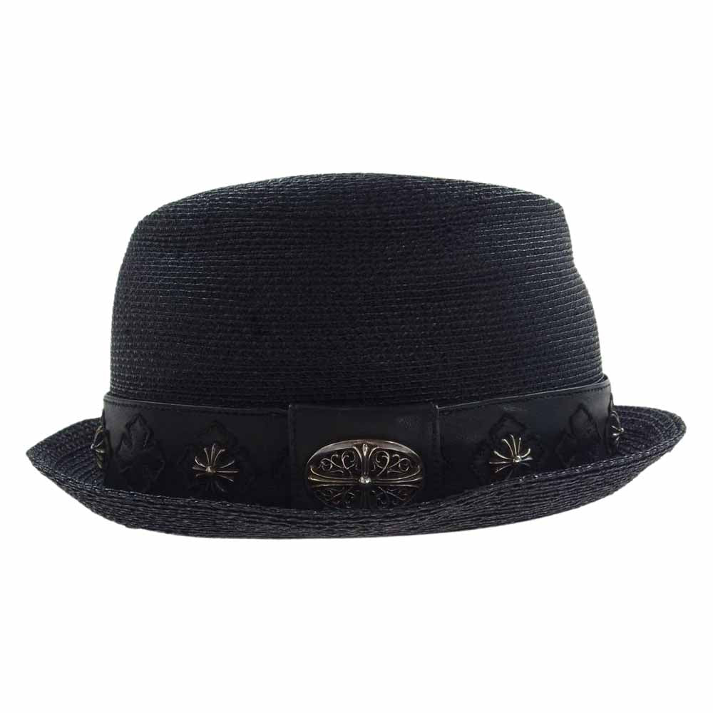 CHROME HEARTS クロムハーツ（原本無） ストロー フェドラ ハット オーバルクロス CHプラス レザークロスパッチリボン 帽子 ブラック系 S【中古】
