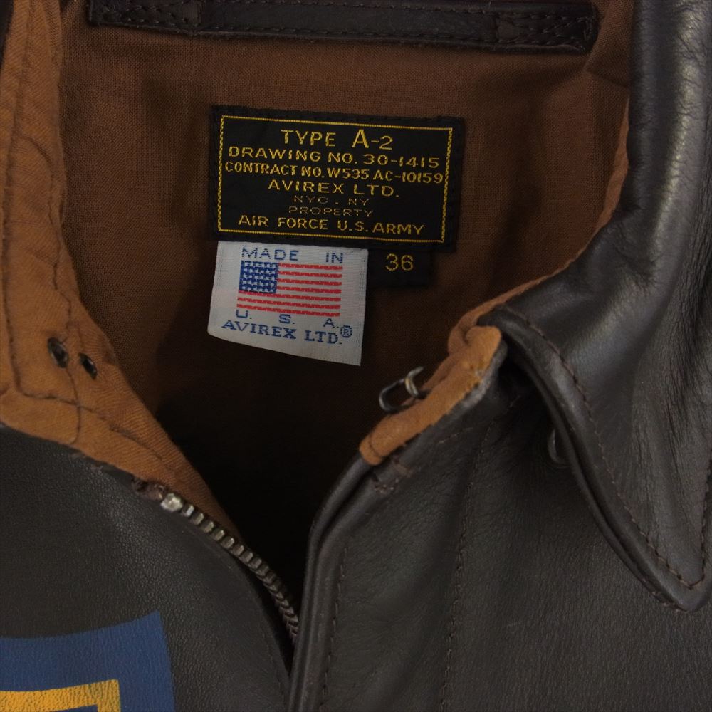 AVIREX アヴィレックス 6131014 アメリカ製 TYPE A-2 FLYING TIGERS レザーフライトジャケット ダークブラウン系 36【中古】