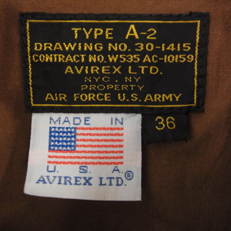 AVIREX アヴィレックス 6131014 アメリカ製 TYPE A-2 FLYING TIGERS レザーフライトジャケット ダークブラウン系 36【中古】