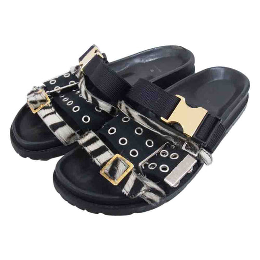 Sacai サカイ ハラコ バックルベルトデザイン ストラップ ビブラムソール フラット サンダル ブラック系 38【中古】