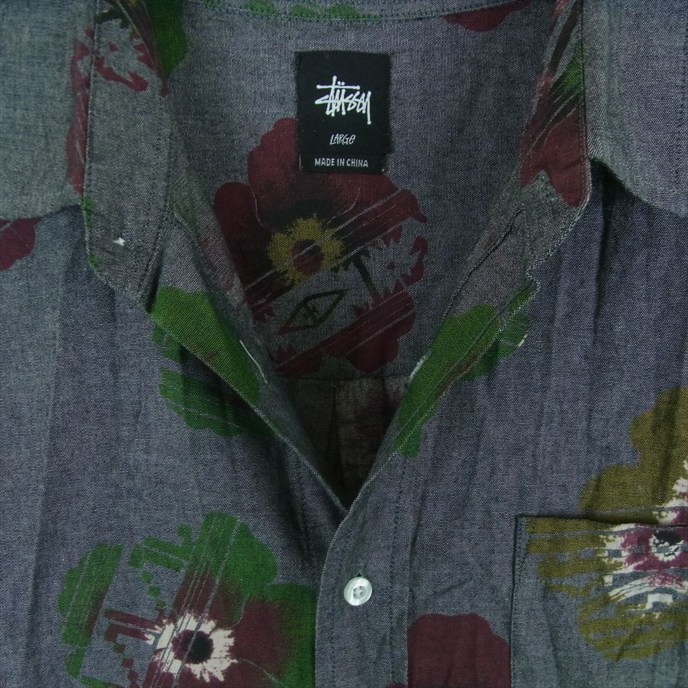 STUSSY ステューシー フラワー 総柄 半袖 シャツ コットン 中国製 グレー系 L【中古】