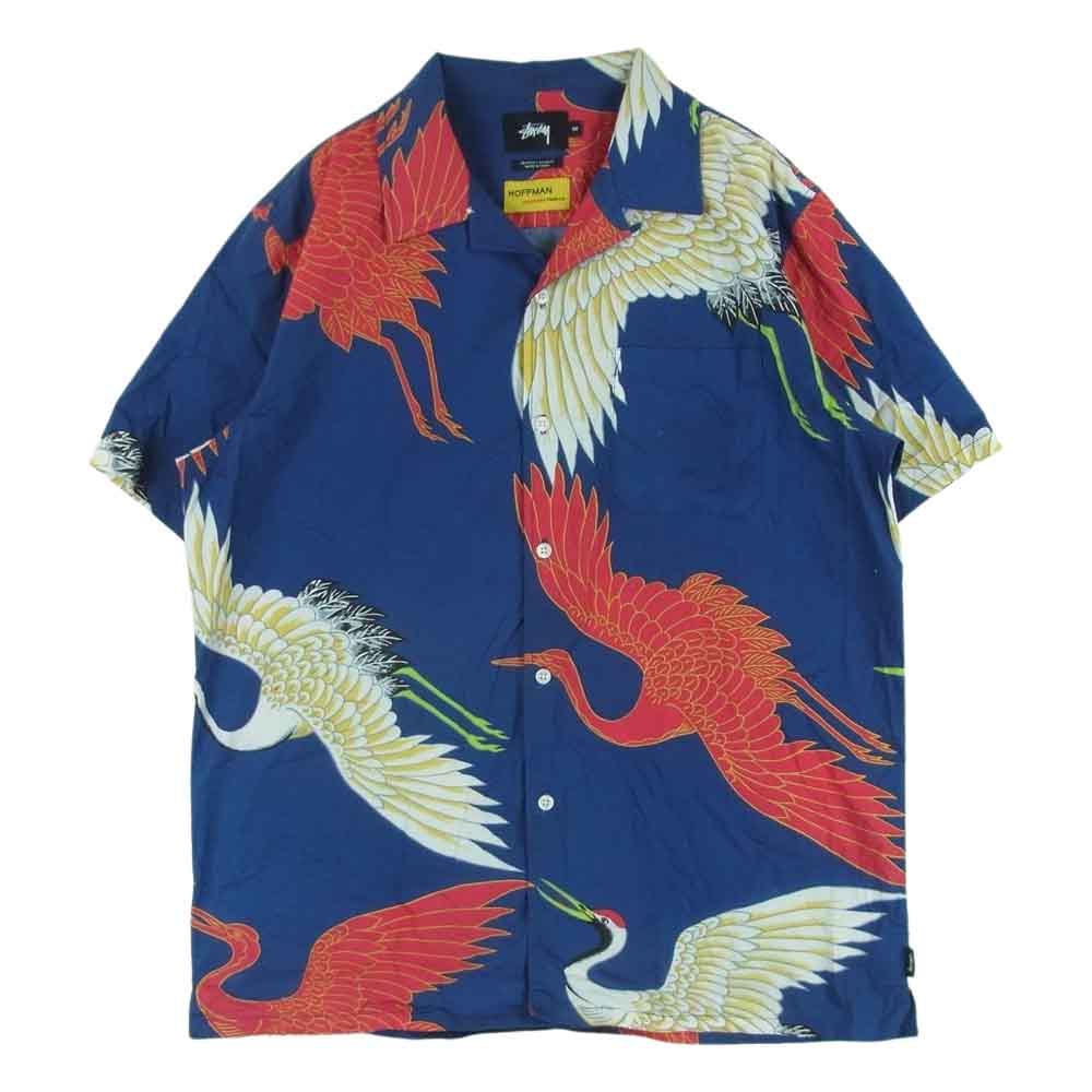 STUSSY ステューシー HOFFMAN ホフマン 鶴 総柄 半袖 シャツ コットン 中国製 ネイビー系 M【中古】