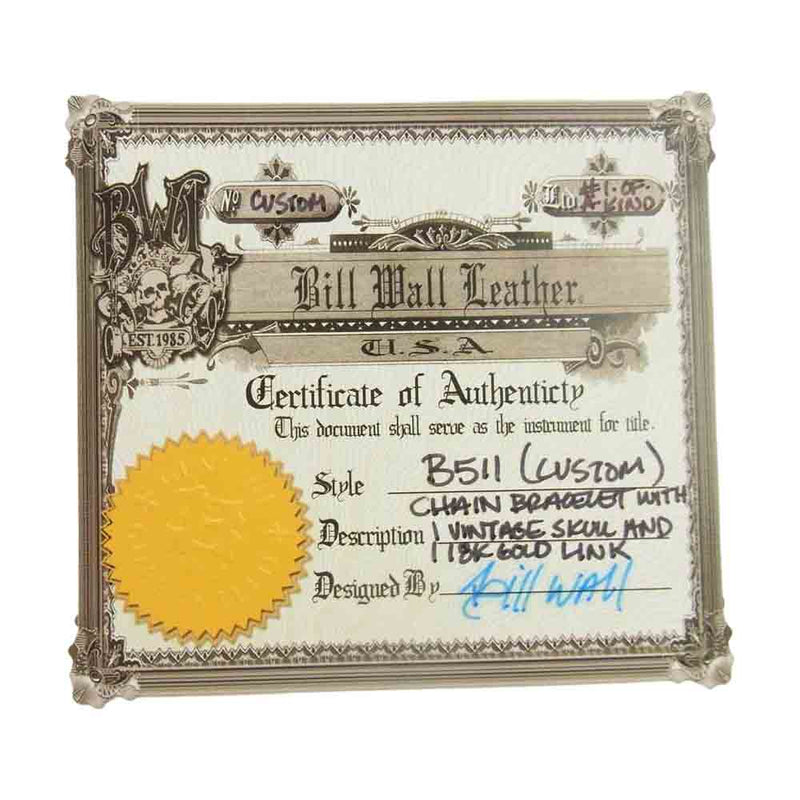 BILL WALL LEATHER ビルウォールレザー ギャランティ付属 B511 Custom Chain Bracelet with 1 Vintage Skull and 1 18K Gold Link 18Kゴールドリンク入り ヴィンテージスカル カスタムチェーン ブレスレット シルバー系【中古】