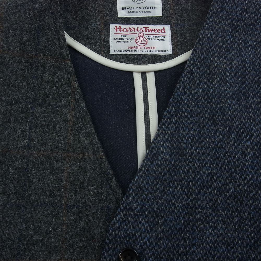ビューティーアンドユース Harris Tweed ハリスツィード ウール ヘリンボーン チェック パッチワーク ベスト ジレ チャコール系 M【中古】