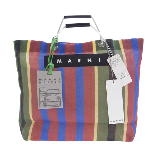 MARNI マルニ SHMHR08A01 ロゴレザー DEEP LAKE フラワー カフェ ストライプ トートバッグ マルチカラー系 UNI【新古品】【未使用】【中古】