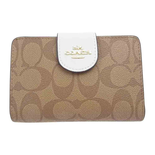 COACH コーチ C0082 IMDJ8  ミディアム コーナー ジップ ウォレット シグネチャー キャンバス 二つ折り 財布 ブラウン系【極上美品】【中古】