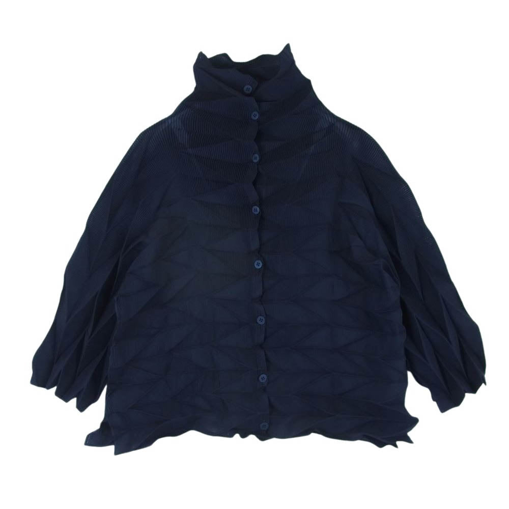 ISSEY MIYAKE イッセイミヤケ me ミー MI41FK473 ひし形 プリーツ加工 長袖 シャツ ブラウス カーディガン ネイビー系 -【中古】