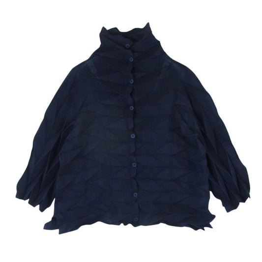 ISSEY MIYAKE イッセイミヤケ me ミー MI41FK473 ひし形 プリーツ加工 長袖 シャツ ブラウス カーディガン ネイビー系 -【中古】