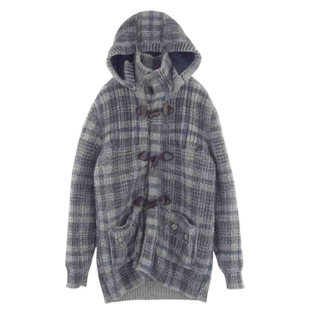 バーク チェック ウール ニット ダッフル コート グレー系 L【中古】