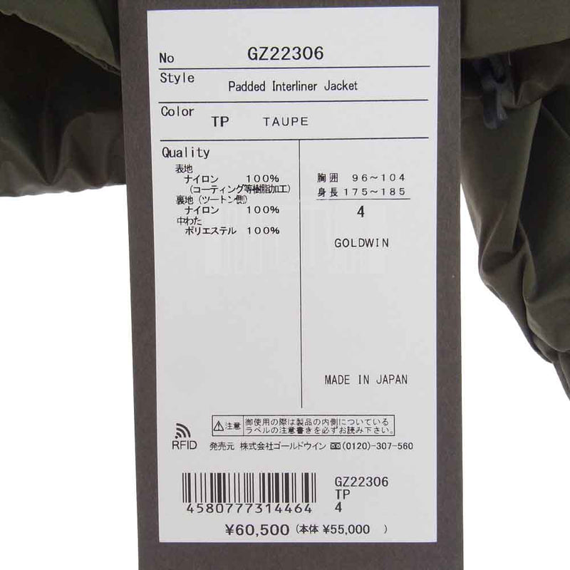 ゴールドウィン GZ22306 Padded Interliner Jacket パデッド インター ライナー ジャケット トープ サイズ4 オリーブグリーン系 4【新古品】【未使用】【中古】
