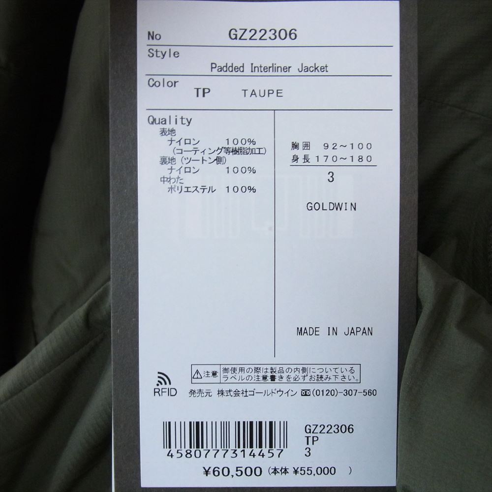 ゴールドウィン GZ22306 Padded Interliner Jacket パデッド インター ライナー ジャケット トープ サイズ3 カーキ系 3【新古品】【未使用】【中古】