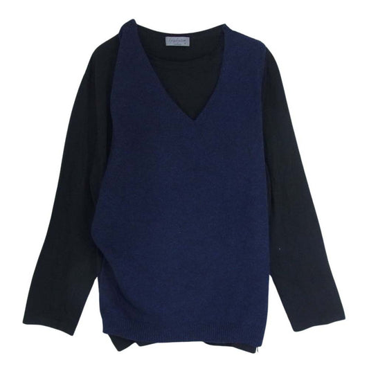 Yohji Yamamoto POUR HOMME ヨウジヤマモトプールオム HX-K27-085 DOUBLE-LAYER SWEATER T-SHIRT レイヤード 前2重 セーター ニット 長袖 Tシャツ カットソー ネイビー系 3【中古】