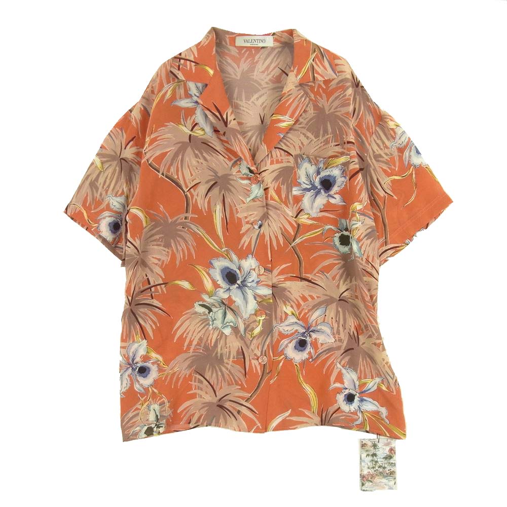 VALENTINO ヴァレンティノ KB4AA00U2LH シルク 花柄 アロハ ハワイアン 半袖 シャツ オレンジ系 朱色系 42【新古品】【未使用】【中古】