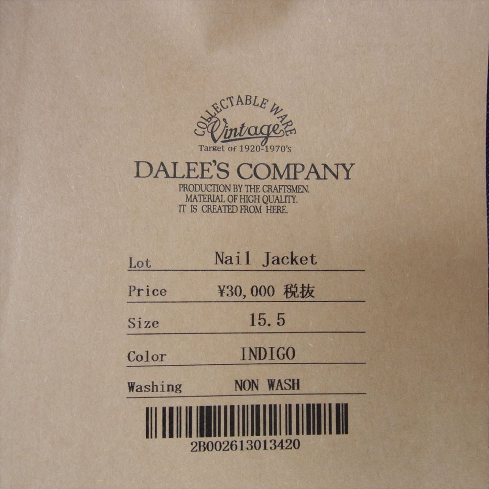 デラックスウエア DALEE’S ダリーズ NAIL JACKET ネイル ジャケット 10,5oz ライトオンス デニムジャケット type 1st インディゴブルー系 15.5【極上美品】【中古】