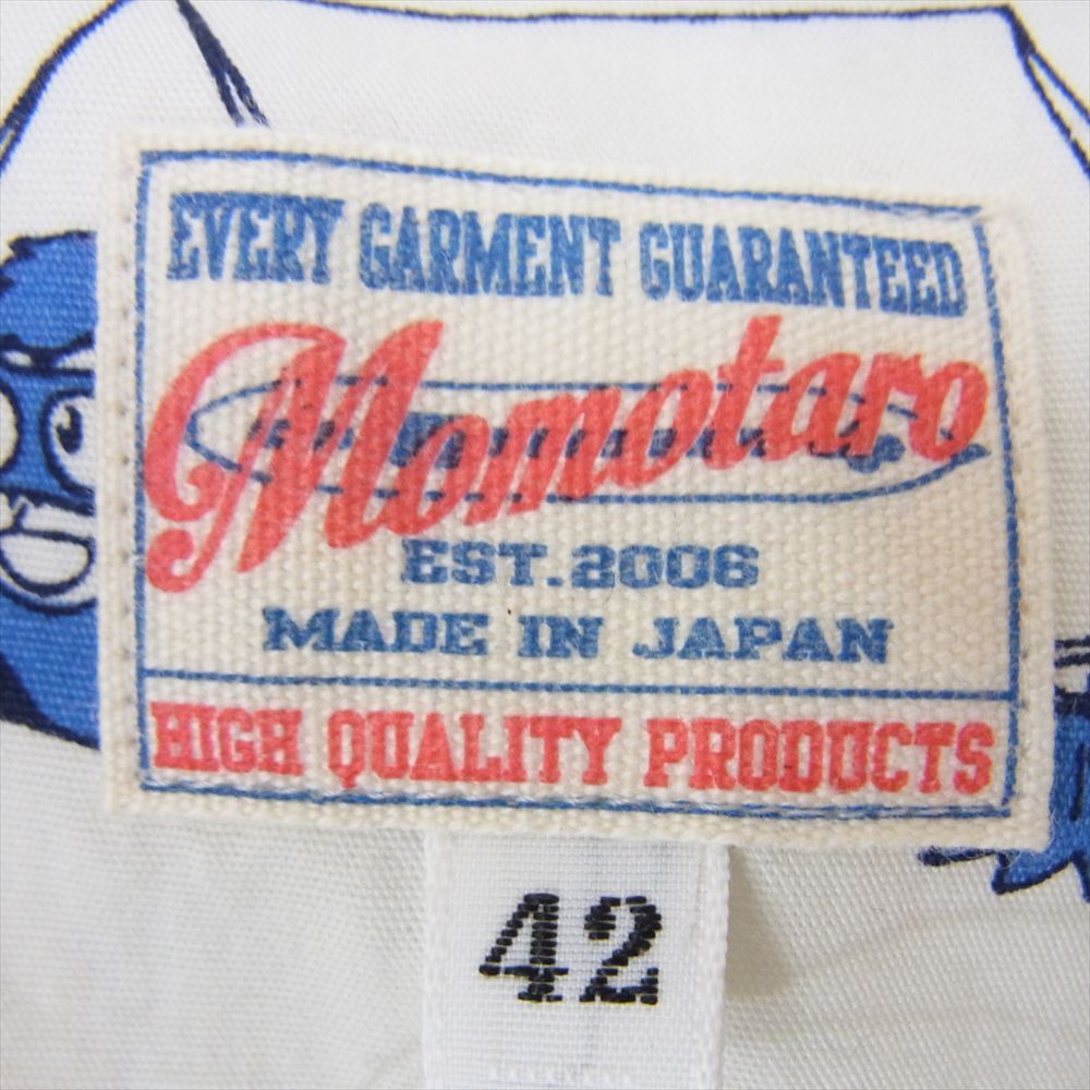 MOMOTARO JEANS 桃太郎ジーンズ W901102 桃太郎柄 レーヨン オープンカラー 半袖 シャツ ホワイト系 42【美品】【中古】