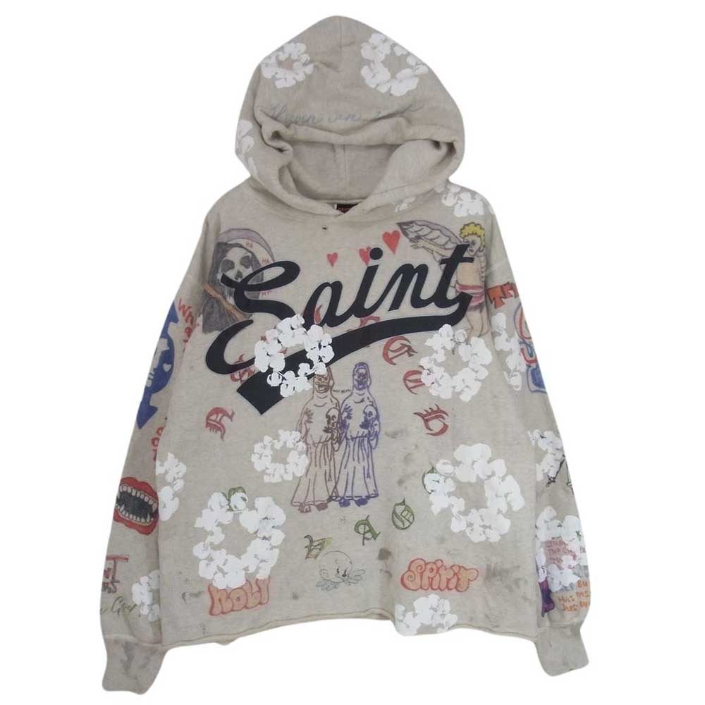 SAINT MICHAEL セントマイケル 22SS SM-S22-0000-083 × DENIM TEARS デニムティアーズ HOODIE 総柄 プリント フーディ プルオーバー パーカー グレー系 M【中古】