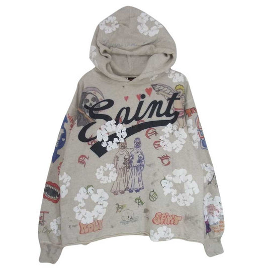 SAINT MICHAEL セントマイケル 22SS SM-S22-0000-083 × DENIM TEARS デニムティアーズ HOODIE 総柄 プリント フーディ プルオーバー パーカー グレー系 M【中古】