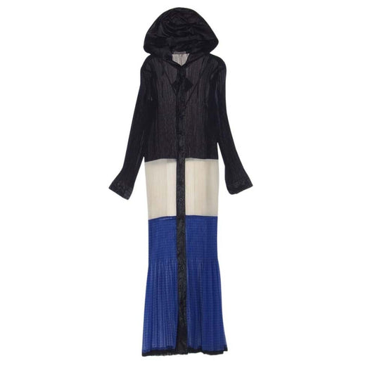 ISSEY MIYAKE イッセイミヤケ IM61-FH803-33 スーパーブライトプリーツ フード付き ボーダー ロング ワンピース カーディガン ブラック系 ホワイト系 ブルー系 S【中古】