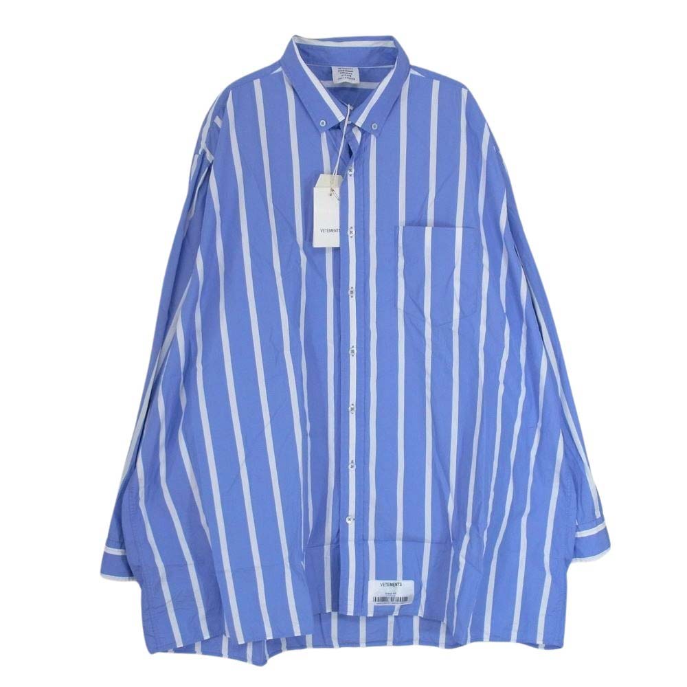 VETEMENTS ヴェトモン 18SS MSS18SH11 ロゴラペル付き オーバーサイズ ストライプ ボタンダウン 長袖 シャツ ブルー系 S【中古】