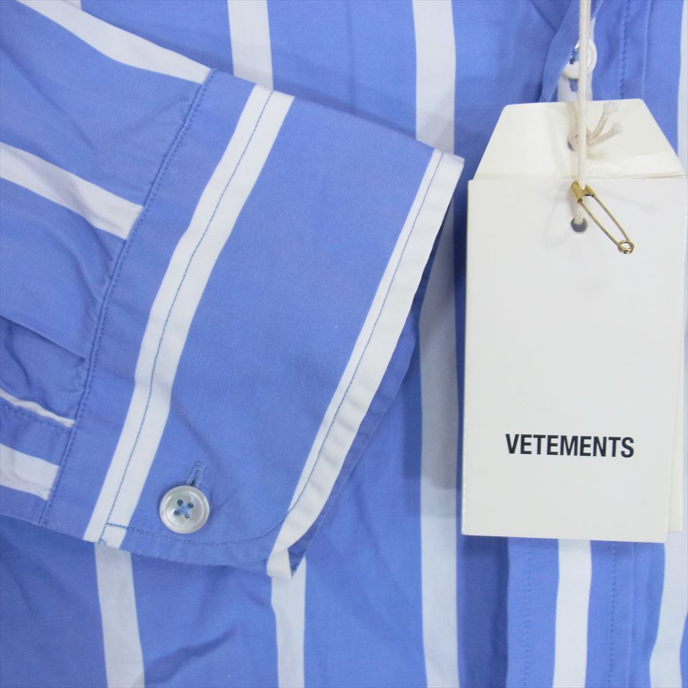 VETEMENTS ヴェトモン 18SS MSS18SH11 ロゴラペル付き オーバーサイズ ストライプ ボタンダウン 長袖 シャツ ブルー系 S【中古】