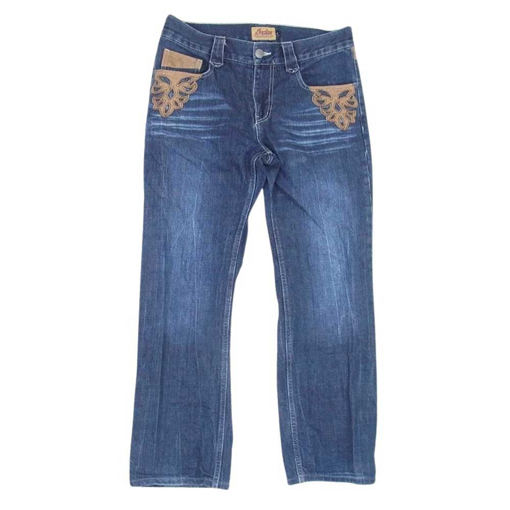 INDIAN MOTOCYCLE インディアン モトサイクル インディアン 刺繍 スエード 切替 デニム パンツ インディゴブルー系 32【中古】