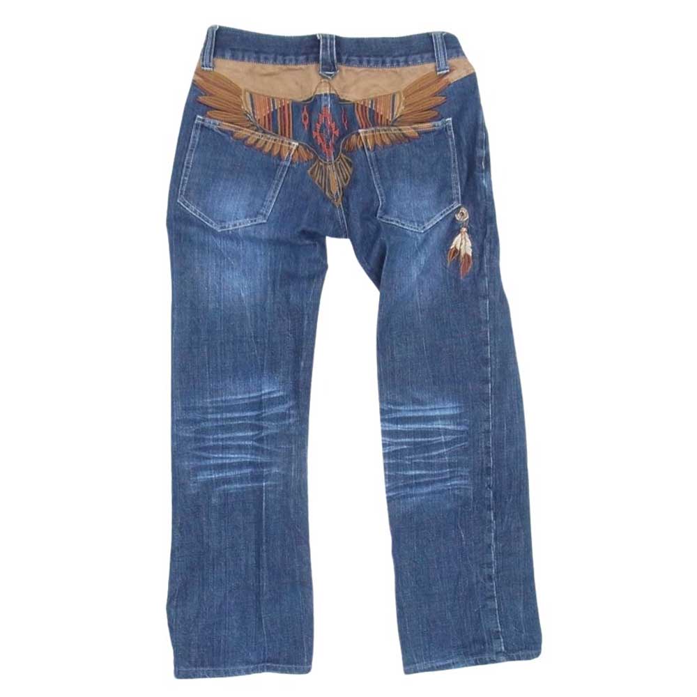 INDIAN MOTOCYCLE インディアン モトサイクル インディアン 刺繍 スエード 切替 デニム パンツ インディゴブルー系 32【中古】