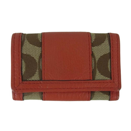 COACH コーチ 二つ折り キャンバス レザー キーケース レッド系 ベージュ系【中古】