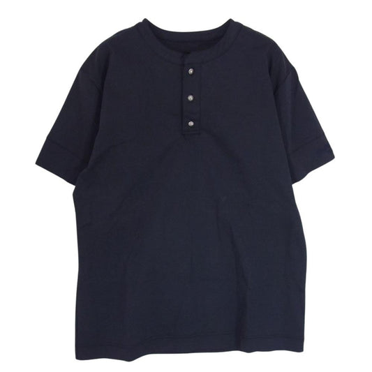 1piu1uguale3 ウノピュウノウグァーレトレ RELAX リラックス コットン コンチョボタン ノーカラー シャツ ネイビー系 XL【極上美品】【中古】